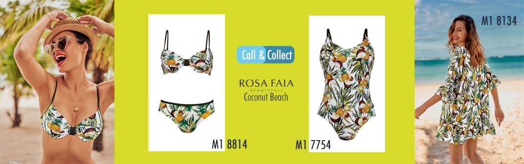 RosaFaia Coconut Beach nimmt Sie direkt mit an den Strand! Badeanzug, Bikini und passendes Badekleid im coolen Kokusnusdesign jetzt auch via Call&Collect im reha team Mais! M1 8814 Bikini, M17754 Badeanzug M1 8134 Strandkleid