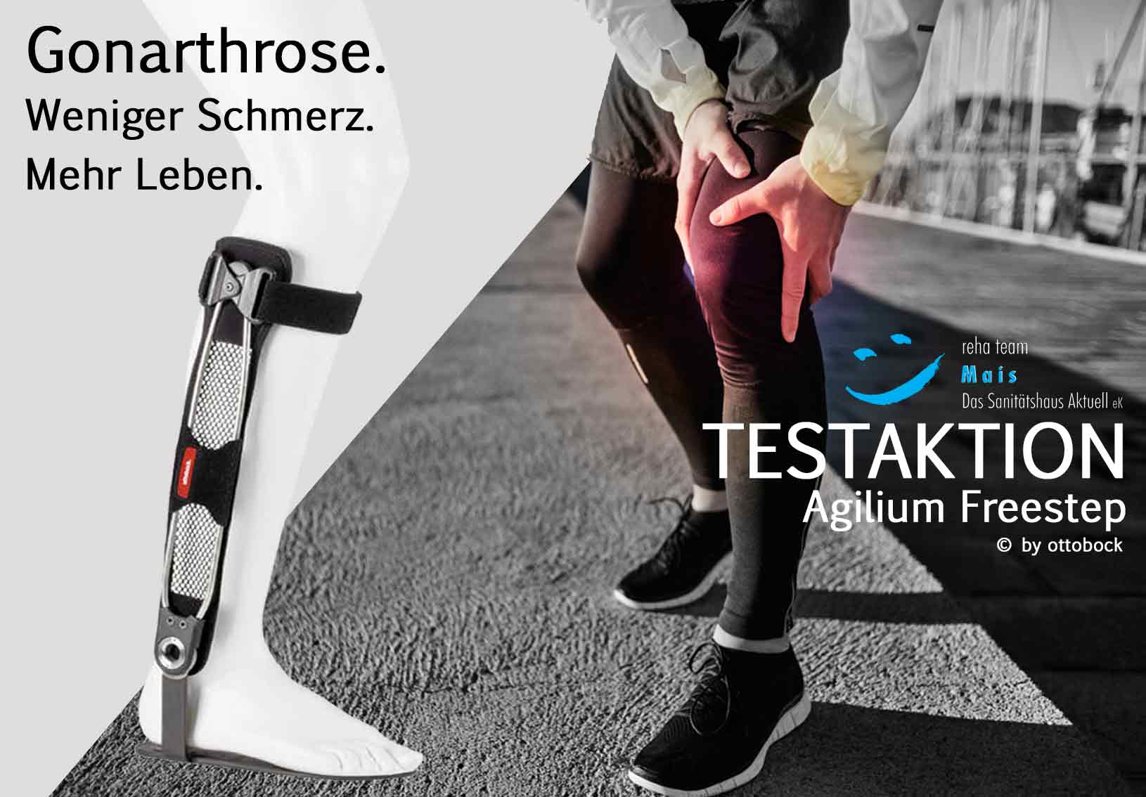 TESTAKTION GONARTHROSE Agilium Freestep by OttoBock - Unterschenkelorthese zur Kniearthrosetherapie jetzt im reha team Mais kostenlos testen!