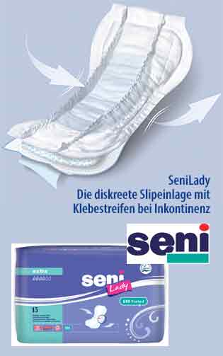 Inkontinenzslipeinlage Seni Lady von TZMO: Eine diskrete Slipeinlage speziell für Inkontinenz mit Klebestreifen zur Befestigung im Slip in verschiedenen Größen und Saugstärken. Auch für Kinder und Jugendliche mit leichter bis mittlerer Inkontinenz geeignet!