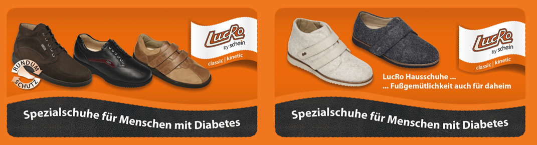 Schein Serie Lucro: Spezialschuhe für Diabetiker: Diabetikerstraßenschuhe (links im Bild) und Diabetikerhausschuhe (rechts im Bild) - Orthopädietechnik Mais