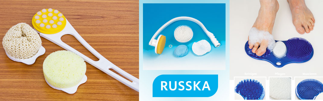 Wasch- und Eincremehilfen von Russka erleichtern Ihnen die Körperpflege an Stellen, die im Alter schwer erreichbar werden. Die Waschbürste mit langem Griff für den Rücken oder die praktische Fußbürste.