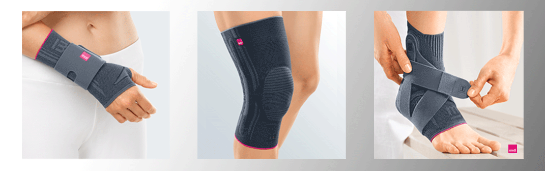 Professionelle Bandagen der Marke medi: Manumed Handgelenkbandage, Genumedi Kniebandage, Levamed Active Knöchelbandage mit Stabilisierungszügeln