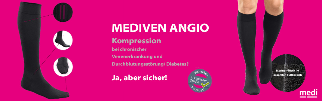 Der neue mediven angio ist ein medizinischer Kompressionsstrumpf zur Behandlung von chronischen Venenerkrankungen. Seine Produkteigenschaften richten sich vor allem an Patienten mit leichter bis mittelschwerer peripherer arterieller Verschlusskrankheit (pAVK) und / oder Diabetes mellitus