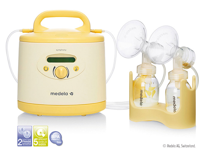 Elektrische Milchpumpe Medela Symphony. Mit Einzelpumpset oder Doppelpumpset für beidseitiges Abpumpen anwendbar. BPAfrei