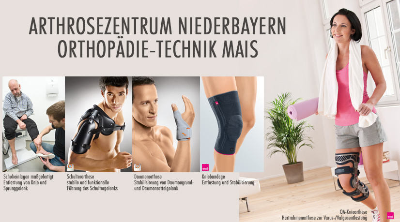 Arthrosezentrum Niederbayern: Das reha team Mais ist zertifizierter Netzwerkpartner für den Bereich Orthopädietechnik: Arthroseorthesen, Arthrosebandagen und Schuheinlagen in Maßanfertigung (Abgebildet sind Premiumprodukte der Hersteller medi, Sporlastic und reha team Mais)