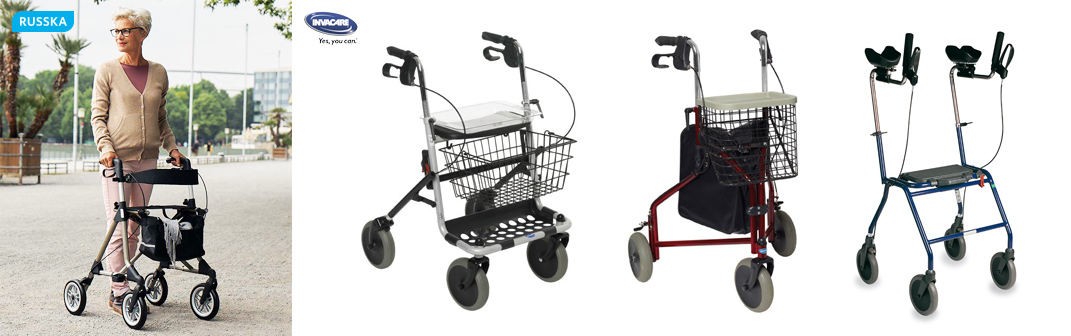 Links: Rollator Russka Elan - der faltbare Premiumrollator mit Rückengurt zum Anlehnen und extra großen Rädern!, Mitte links: Der Standard-Rollator P452E von Invacare, Mitte rechts: Der Arthritisrollator Alpha Basic von Invacare macht Patienten mit Arthrose in den Händen das Leben leichter: Sie stützen sich auf den Arthritis-Armauflagen anstatt auf Stützgriffen ab und entlasten so die schmerzenden Handgelenke; Rechts: Ein Dreirad-Rollator von Invacare