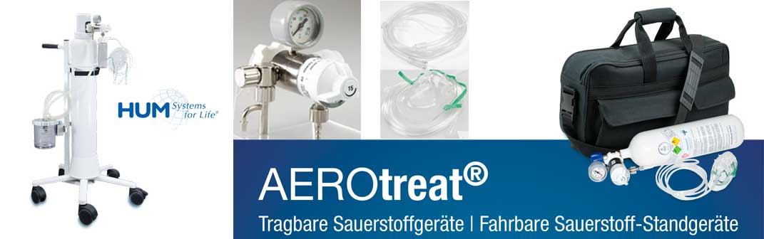 Sauerstoffdruckgasflaschenzubehör Aerotreat von HUM für die professionelle Beatmung zuhause und stationär: o2-Druckminderer, Druckgasflaschenuntergestell, Sauerstoffbrille, Sauerstoffmaske und mobile Sauerstoffeinheit für unterwegs. Sauerstoffprodukte von HUM sind erhältlich im reha team Mais