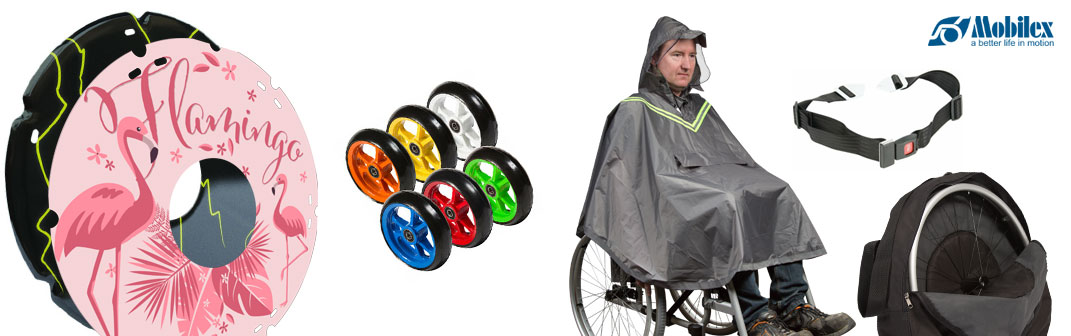Rollstuhlzubehör von Mobilex für coolere Rollstuhldesigns oder einfach nur, weils praktisch ist! Auf Bestellung im reha team Mais und in der Abteilung Kinderreha erhältlich.