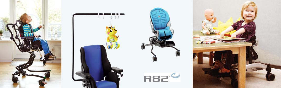 Therapiestühle Marke R82 als Sitzhilfe für körperbehinderte Kinder in verschiedenen Ausführungen und Varianten. Erhältlich bei den RehaKind-Fachberatern der Abteilung Kinderreha im reha team Mais